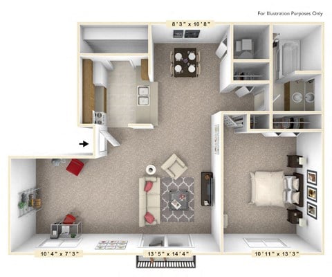 Floor plan for 1 bed, 1 bath, 710 sqft